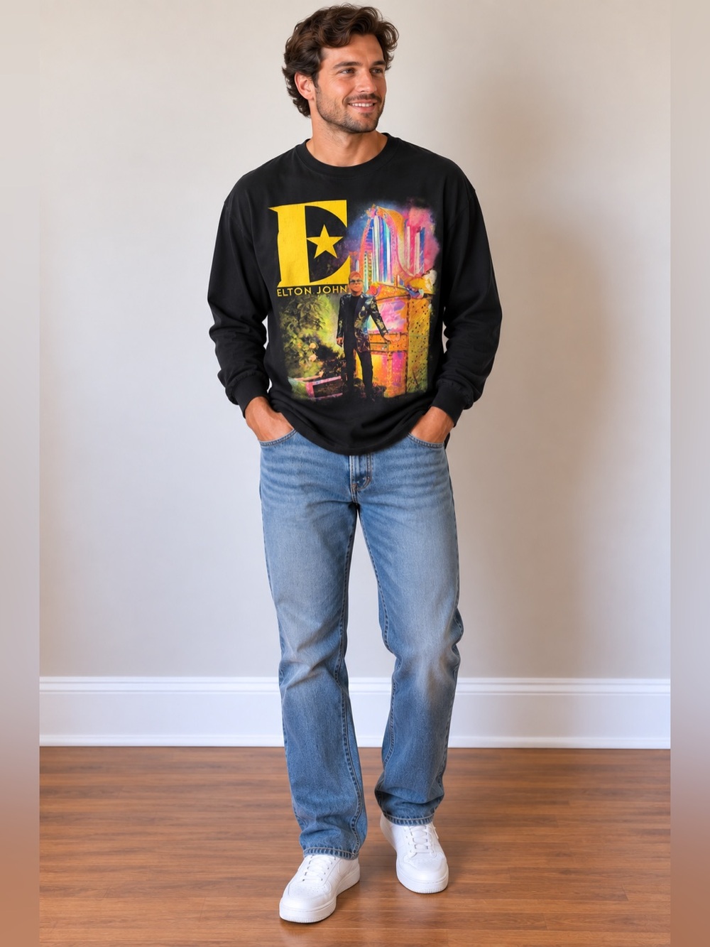 Black Long-Sleeve Graphic Tee with Yellow Logo